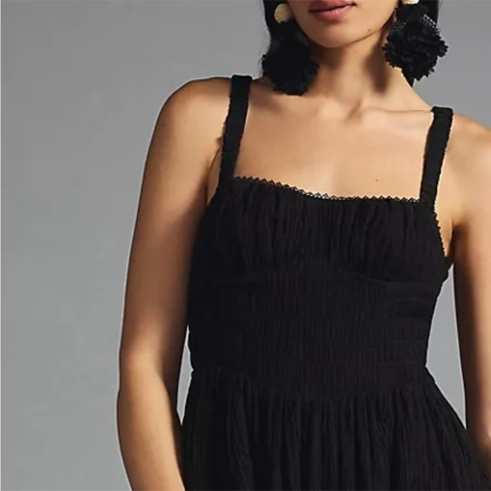 ANTHROPOLOGIE Black Smocked textured midi dress - Picture 11 of 16